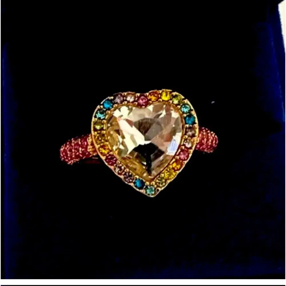 KURT GEIGER LONDON Rainbow Crystal Heart Cocktail Ring in Gold Tone